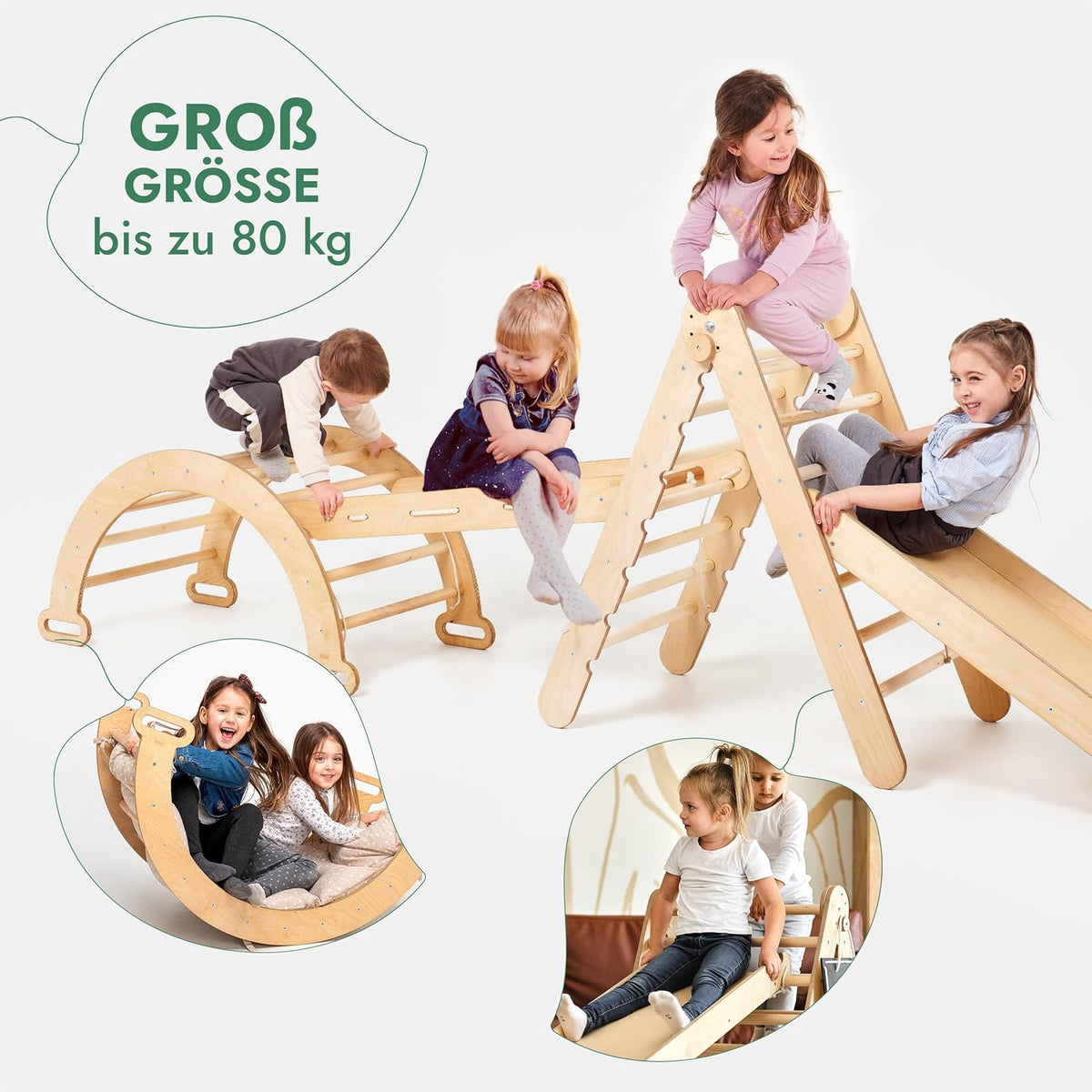 4in1 Montessori Klettergerüst Set: Kletterdreieck mit Rutsche, Kletterbogen, Kletternetz, für Kinder 1-7 Jahre – Beige