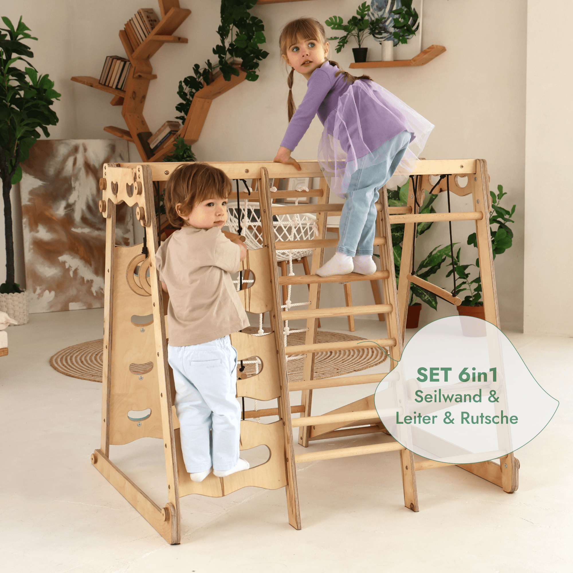 6in1 Holz Indoor-Spielplatz – Schaukel, Rutsche & Klettergerüst