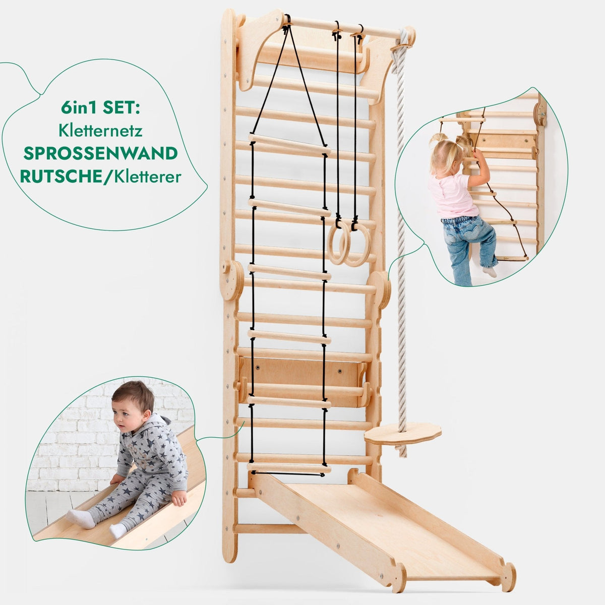 6in1 Kletterwand Indoor: Sprossenwand, Gymnastikringe, Hängende Leiter, Disc-Schaukel, Rutsche und Klimmzugstange für Kinder-2