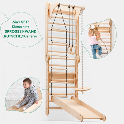 6in1 Kletterwand Indoor: Sprossenwand, Gymnastikringe, Hängende Leiter, Disc-Schaukel, Rutsche und Klimmzugstange für Kinder-2