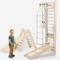 6in1 Kletterwand Indoor: Sprossenwand, Gymnastikringe, Hängende Leiter, Disc-Schaukel, Rutsche und Klimmzugstange für Kinder-0