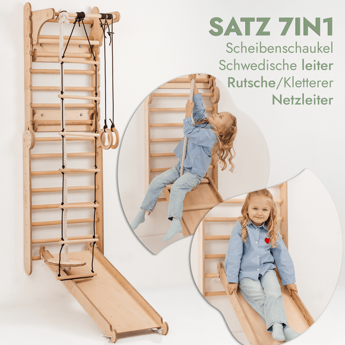 8in1 Kletterwand Indoor: Sprossenwand, Gymnastikringe, Hängende Leiter, Disc-Schaukel, Rutsche, Klimmzugstange, Maltafel und Kinderstuhl für Kinder – Beige-3