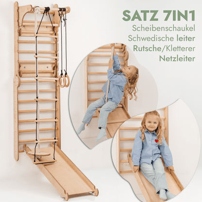 8in1 Kletterwand Indoor: Sprossenwand, Gymnastikringe, Hängende Leiter, Disc-Schaukel, Rutsche, Klimmzugstange, Maltafel und Kinderstuhl für Kinder – Beige-3