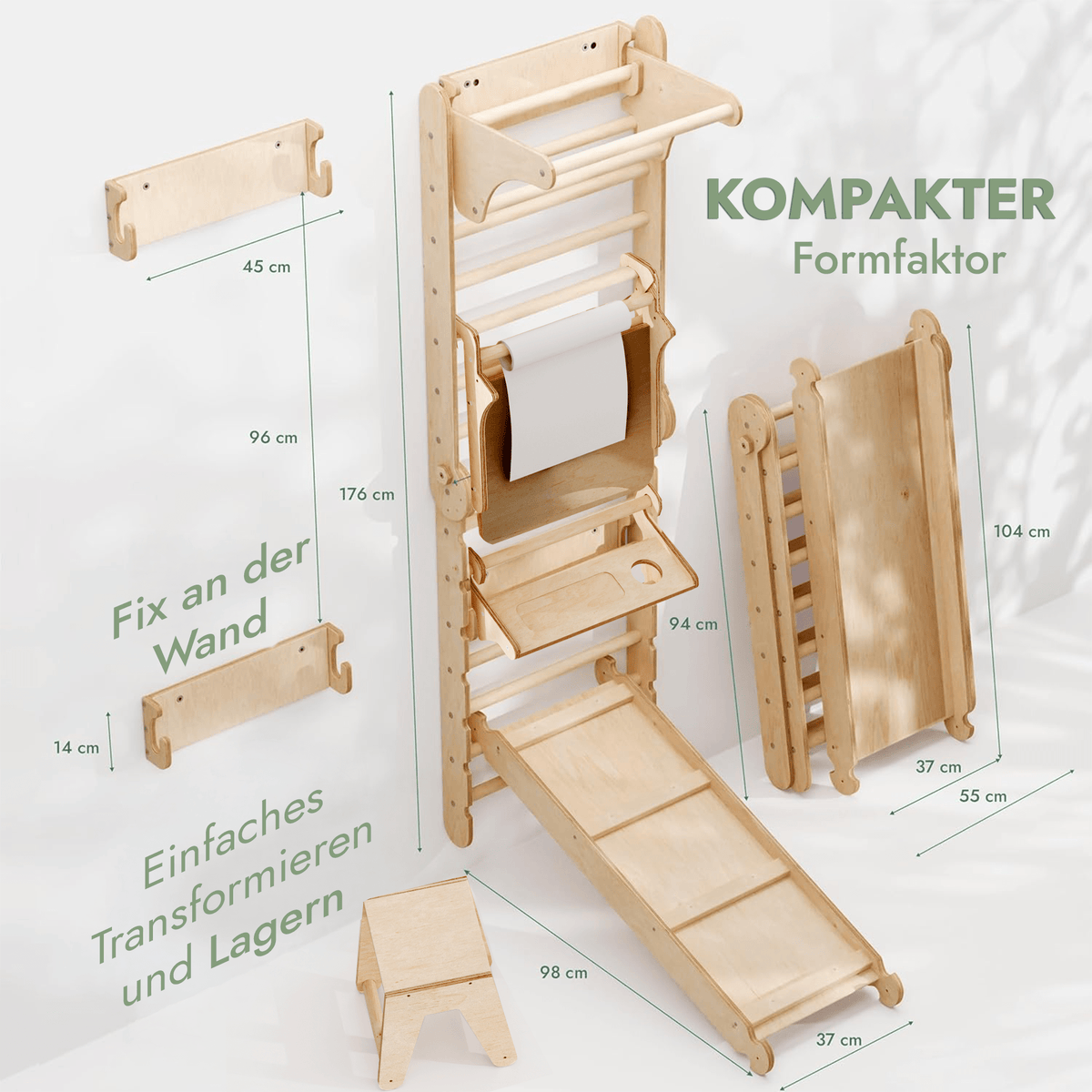 8in1 Kletterwand Indoor: Sprossenwand, Gymnastikringe, Hängende Leiter, Disc-Schaukel, Rutsche, Klimmzugstange, Maltafel und Kinderstuhl für Kinder – Beige-1