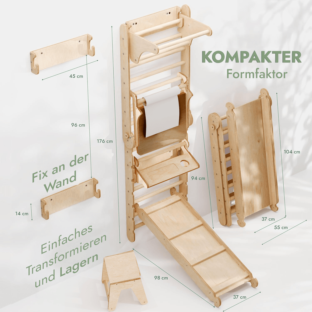 8in1 Kletterwand Indoor: Sprossenwand, Gymnastikringe, Hängende Leiter, Disc-Schaukel, Rutsche, Klimmzugstange, Maltafel und Kinderstuhl für Kinder – Beige-1