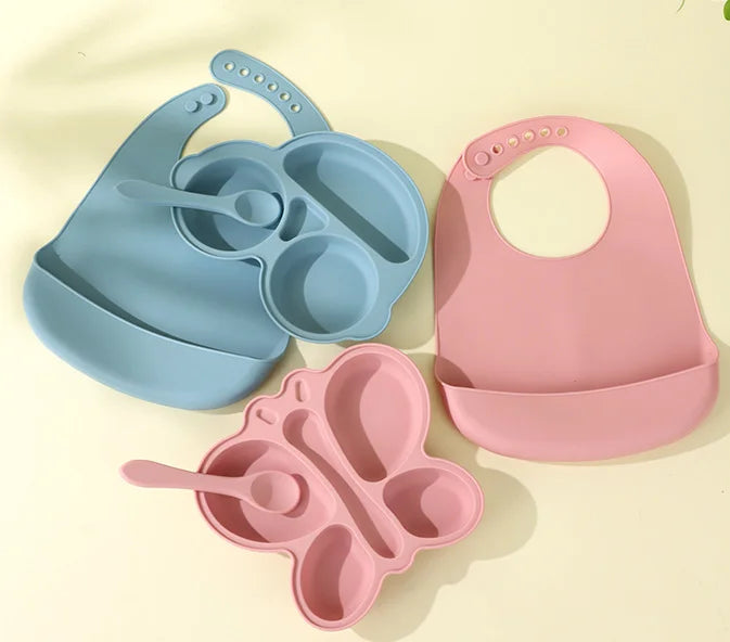 2 stücke Baby Schmetterling Silikon Teller Sauger Schüssel Unterteilt Abschnitt Traininig Selbst-fütterung Löffel Nicht-Slip Kind Geschirr set