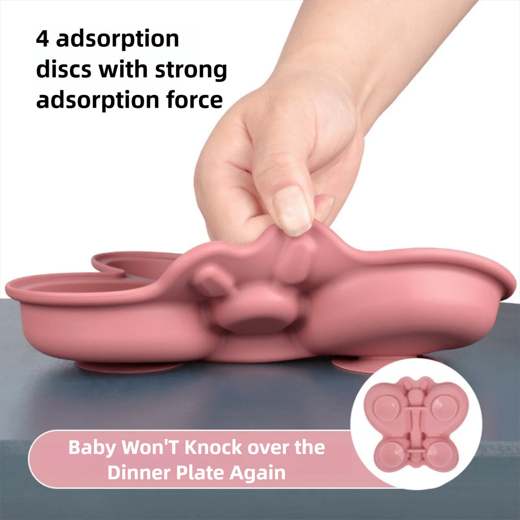 2 stücke Baby Schmetterling Silikon Teller Sauger Schüssel Unterteilt Abschnitt Traininig Selbst-fütterung Löffel Nicht-Slip Kind Geschirr set