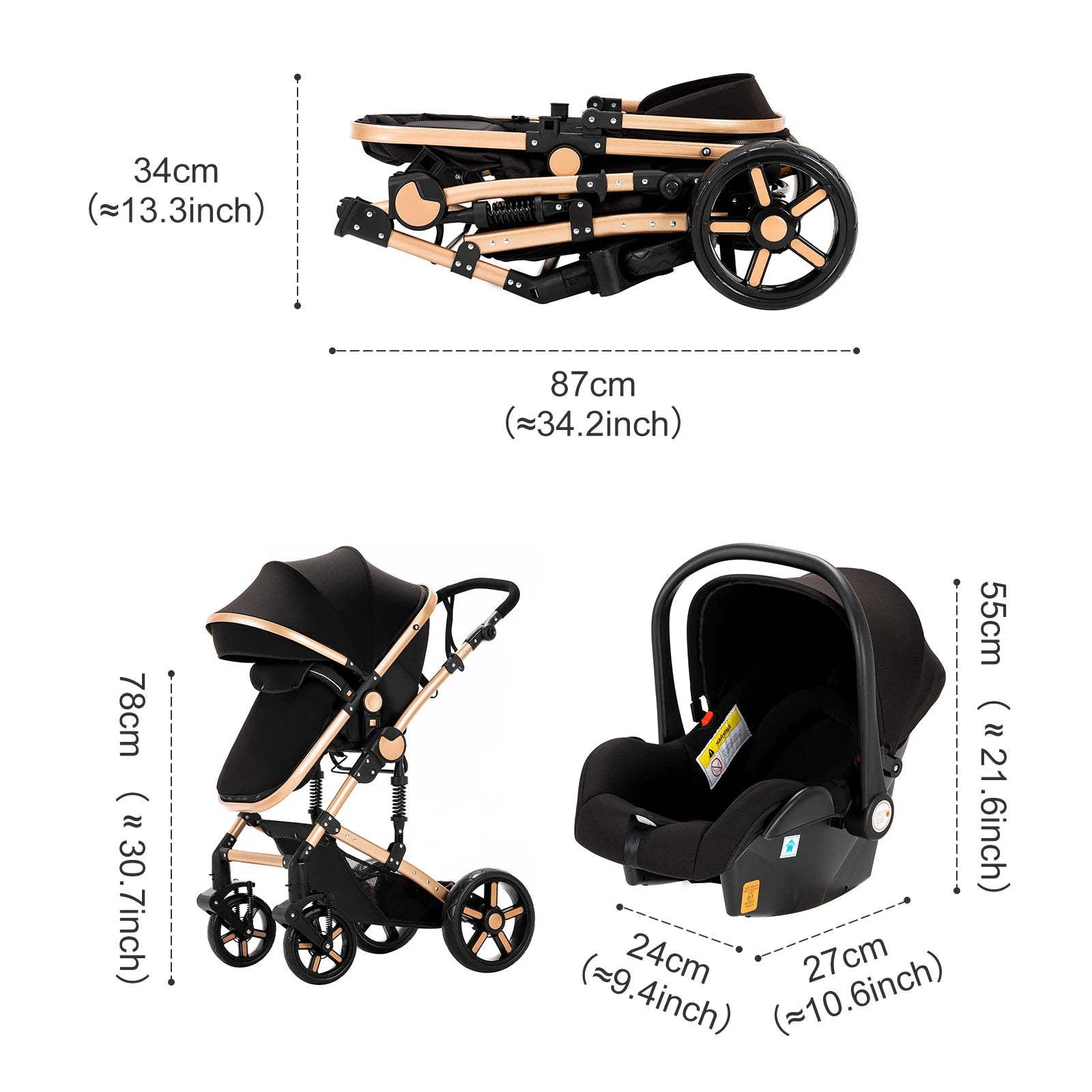Travel System Kinderwagen 3-in-1 Leichter Kinderwagen Multifunktionaler Kinderwagen mit Aluminiumrahmen Kompakter Kinderwagen für Neugeborene