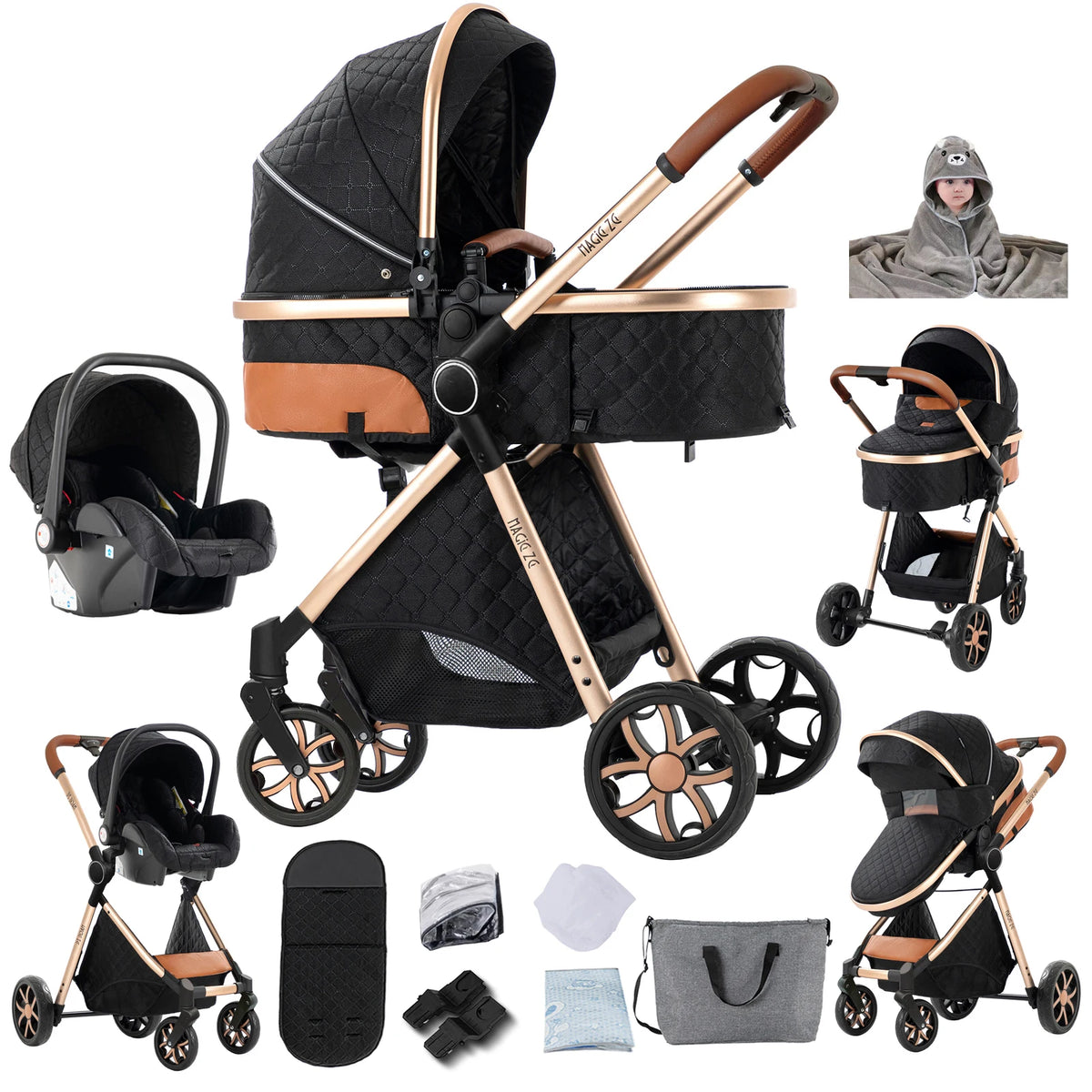 Travel System Kinderwagen 3-in-1 Leichter Kinderwagen Multifunktionaler Kinderwagen mit Aluminiumrahmen Kompakter Kinderwagen für Neugeborene