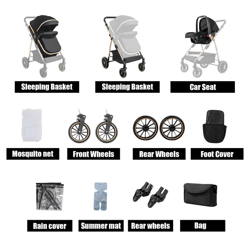 Travel System Kinderwagen 3-in-1 Leichter Kinderwagen Multifunktionaler Kinderwagen mit Aluminiumrahmen Kompakter Kinderwagen für Neugeborene
