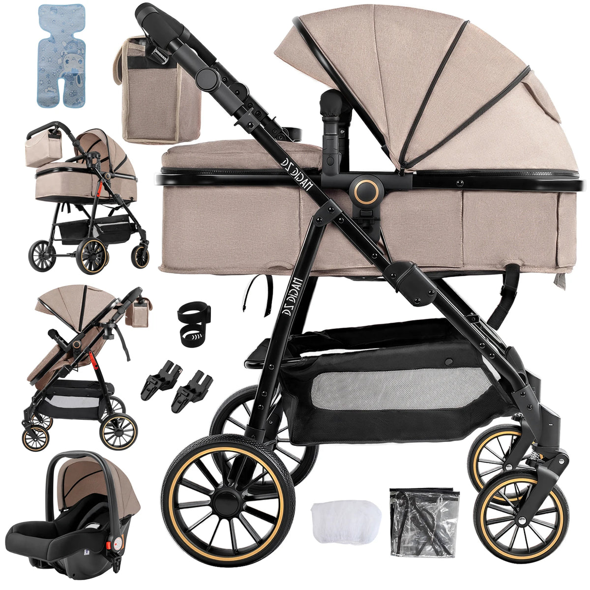 Travel System Kinderwagen 3-in-1 Leichter Kinderwagen Multifunktionaler Kinderwagen mit Aluminiumrahmen Kompakter Kinderwagen für Neugeborene