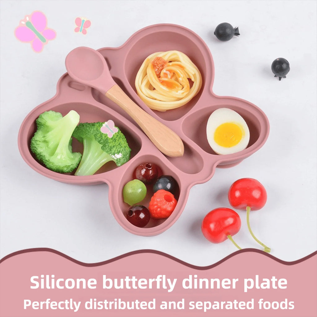 2 stücke Baby Schmetterling Silikon Teller Sauger Schüssel Unterteilt Abschnitt Traininig Selbst-fütterung Löffel Nicht-Slip Kind Geschirr set