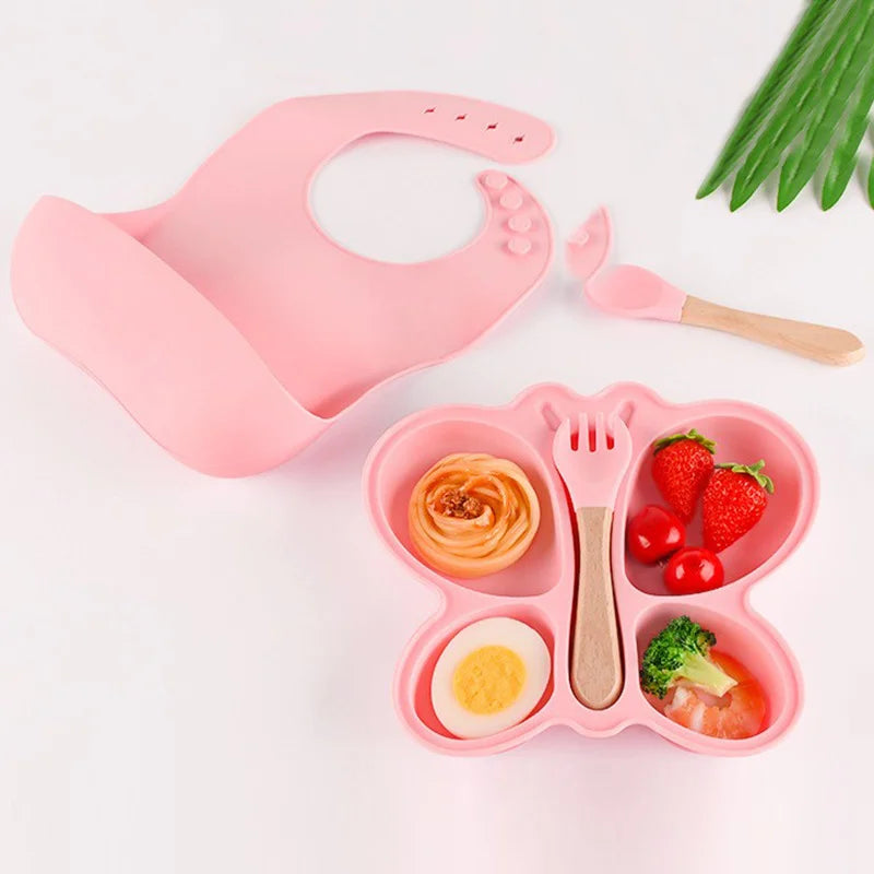 2 stücke Baby Schmetterling Silikon Teller Sauger Schüssel Unterteilt Abschnitt Traininig Selbst-fütterung Löffel Nicht-Slip Kind Geschirr set