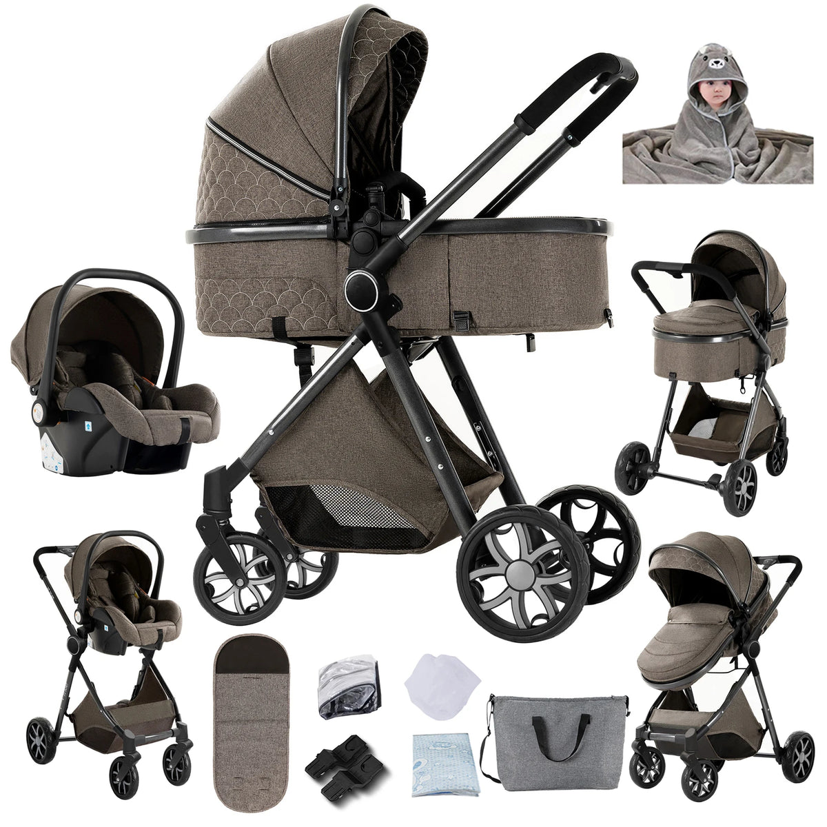 Travel System Kinderwagen 3-in-1 Leichter Kinderwagen Multifunktionaler Kinderwagen mit Aluminiumrahmen Kompakter Kinderwagen für Neugeborene