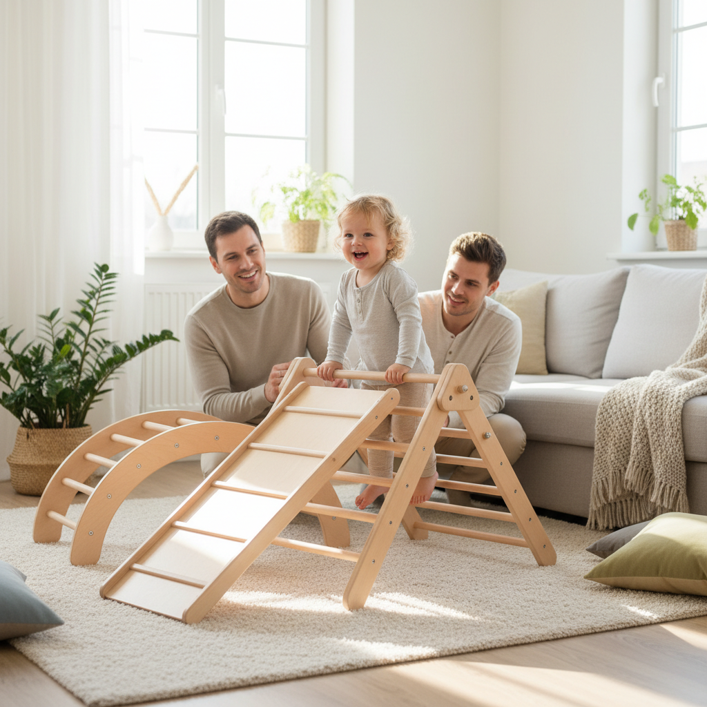 Montessori Kletterdreieck 4in1 aus Birkenholz im Wohnzimmer